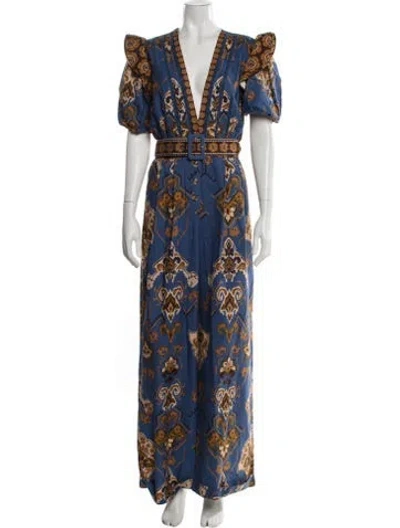 Pre-owned Farm Rio Printed V-neck Jumpsuit In Blue