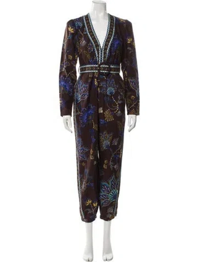 Pre-owned Farm Rio Printed V-neck Jumpsuit In Brown
