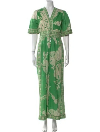 Pre-owned Farm Rio Printed V-neck Jumpsuit In Green