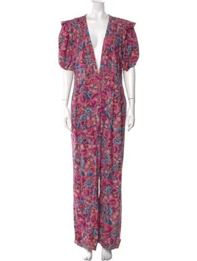 Pre-owned Farm Rio Printed V-neck Jumpsuit In Pink