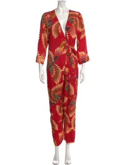 Pre-owned Farm Rio Printed V-neck Jumpsuit In Red