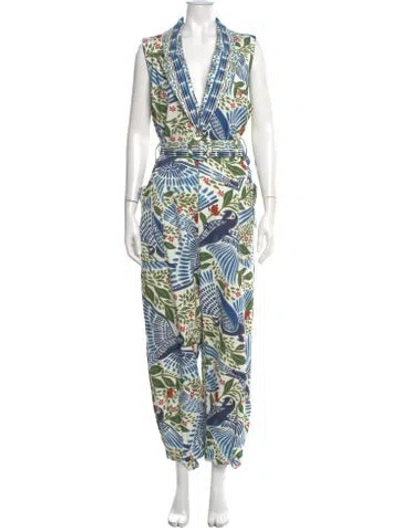 Pre-owned Farm Rio Printed V-neck Jumpsuit In White