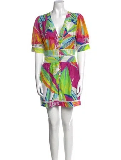Pre-owned Farm Rio Printed V-neck Romper In Green