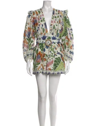 Pre-owned Farm Rio Printed V-neck Romper In Green
