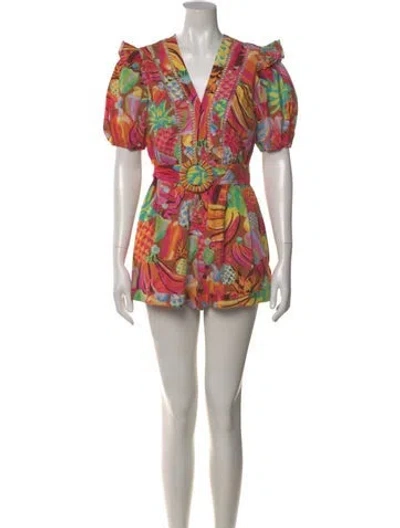 Pre-owned Farm Rio Printed V-neck Romper In Neutral