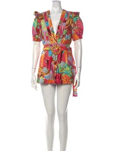 Pre-owned Farm Rio Printed V-neck Romper In Orange/pink