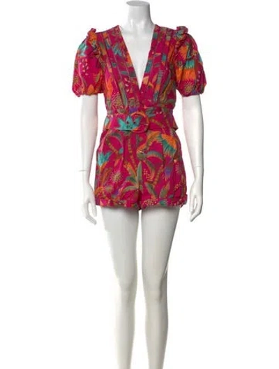 Pre-owned Farm Rio Printed V-neck Romper In Pink