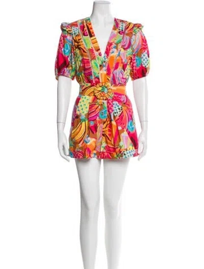 Pre-owned Farm Rio Printed V-neck Romper In Pink