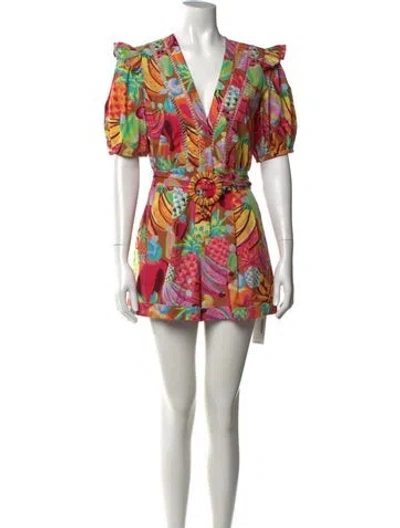 Pre-owned Farm Rio Printed V-neck Romper In Pink
