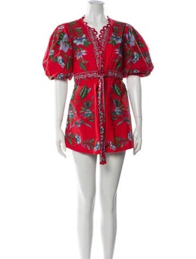 Pre-owned Farm Rio Printed V-neck Romper W/ Tags In Red