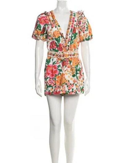 Pre-owned Farm Rio Printed V-neck Romper In White
