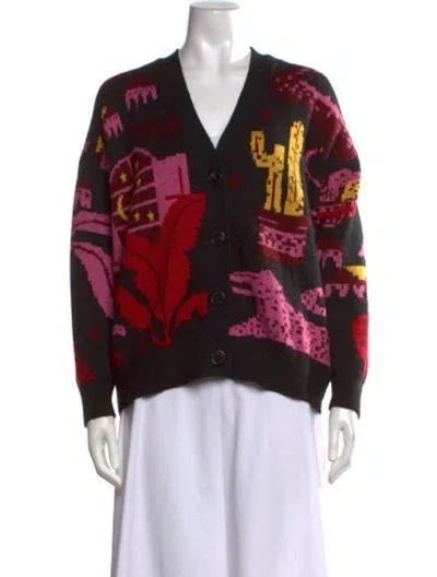 Pre-owned Farm Rio Printed V-neck Sweater In Black
