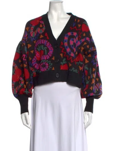Pre-owned Farm Rio Printed V-neck Sweater In Black