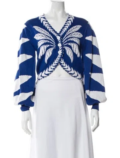 Pre-owned Farm Rio Printed V-neck Sweater In Blue