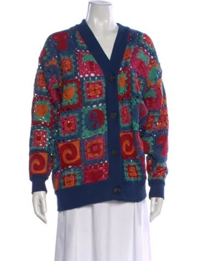 Pre-owned Farm Rio Printed V-neck Sweater In Blue
