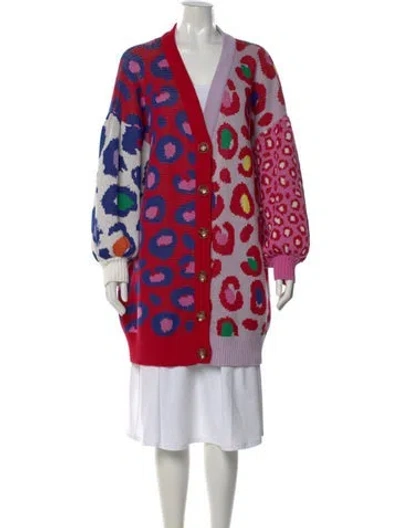 Pre-owned Farm Rio Printed V-neck Sweater In Red