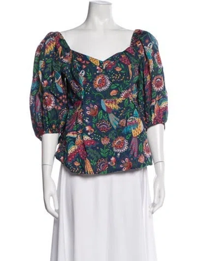 Pre-owned Farm Rio Printed V-neck Top In Blue