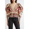 Farm Rio Puff Sleeve Button Front Top In Toucans Scarf Cream