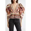Farm Rio Puff Sleeve Button Front Top In Toucans Scarf Cream