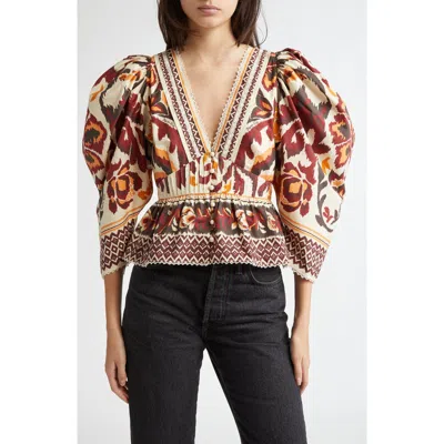 Farm Rio Puff Sleeve Button Front Top In Toucans Scarf Cream