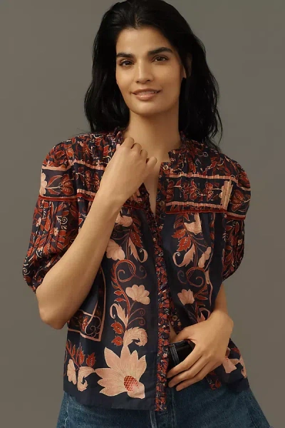 Farm Rio Puff-sleeve Buttondown Blouse In Brown