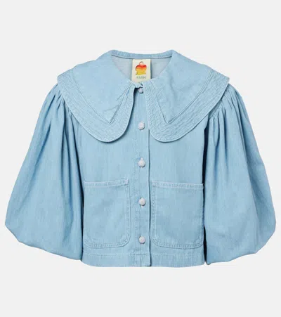 Farm Rio Puff-sleeve Denim Shirt In Blue