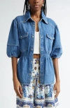 Farm Rio Puff Sleeve Denim Shirt In Blue