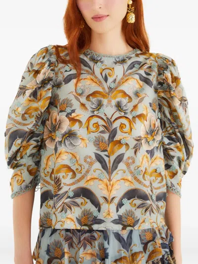 Farm Rio Puff-sleeve Floral Blouse In Blue