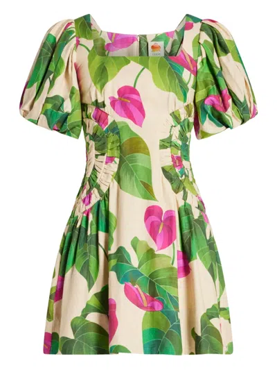 Farm Rio Puff-sleeve Floral-print Mini Dress In Multi