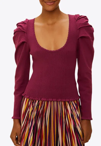 Farm Rio Puff-sleeve Knit Corset Top In Bordeaux