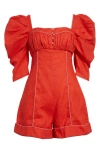Farm Rio Puff Sleeve Linen Romper In Dark Red