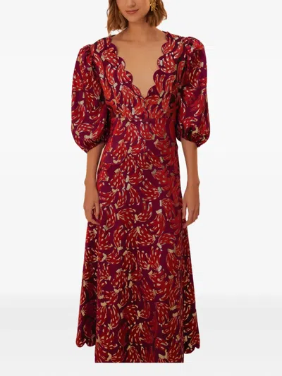 Farm Rio Puff-sleeve Midi Dress In Red