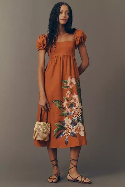 Farm Rio Puff-sleeve Square-neck Midi Dress In Brown