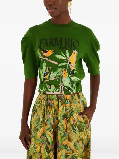 Farm Rio Puff-sleeves Graphic-print T-shirt In Green