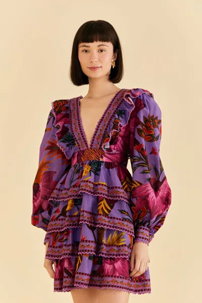 Farm Rio Purple Maxi Flowers Mini Dress In Maxi Flowers Purple