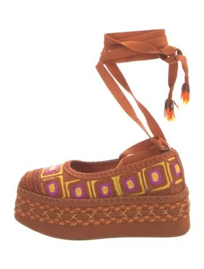 Pre-owned Farm Rio Raffia Patterned Flats In Orange