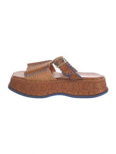 Pre-owned Farm Rio Raffia Patterned Sandals In Brown