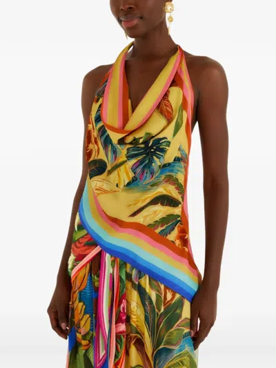 Farm Rio Rainbow Summer Floral-print Satin Top In Multi