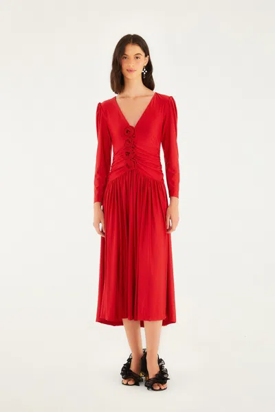 Farm Rio Red 3d Roses Long Sleeve Draped Midi Dress