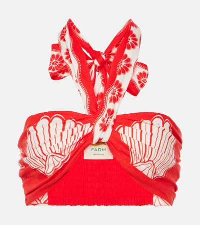 Farm Rio Red Ainika Shell Linen-blend Bra Top In Printed