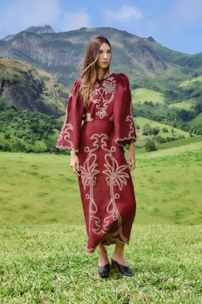 Farm Rio Red Artisanal Cut-out Embroidered Euroflax Premium Linen Maxi Dress In Burgundy