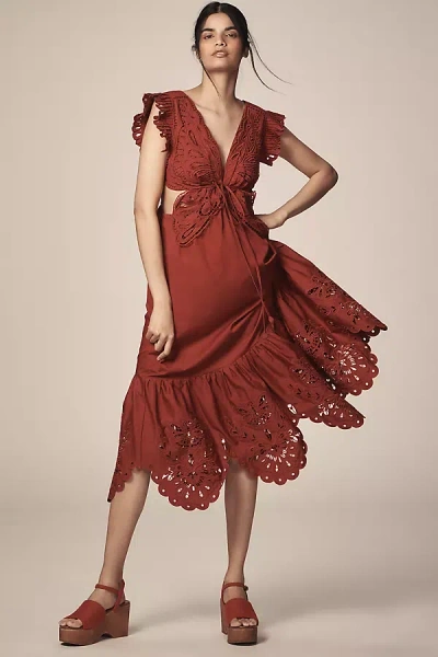 Farm Rio Red Butterfly Flutter-sleeve Midi Dress