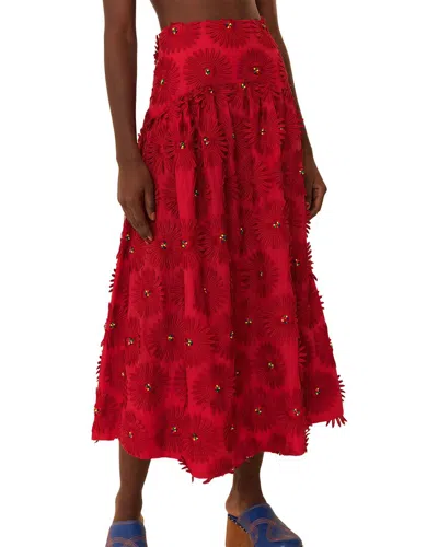 Farm Rio Red Daisy Flower Midi Skirt