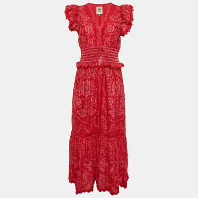 Pre-owned Farm Rio Red Floral Print Cotton Ruffle Maxi Dress M