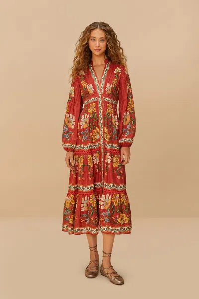 Farm Rio Red Garden Delight Long Sleeve Midi Dress