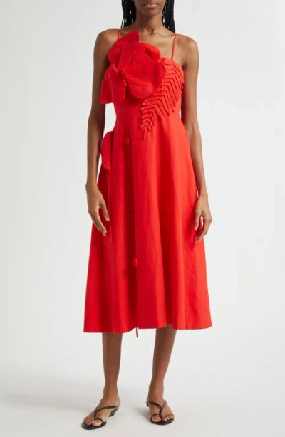 Farm Rio Red Garden Linen Blend Cocktail Midi Dress