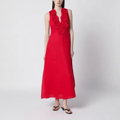 Farm Rio Linen Dress With Floral Appliques And Halterneck In Red
