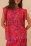 Farm Rio Red Paisley Scarf Shoulder Pad Blouse
