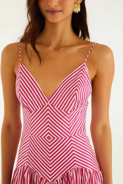 Farm Rio Red Palm Tree Stripes Cutwork Organic Cotton Midi Dress In Pink
