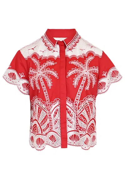 Farm Rio Red Palm Trees Embroidered Shirt